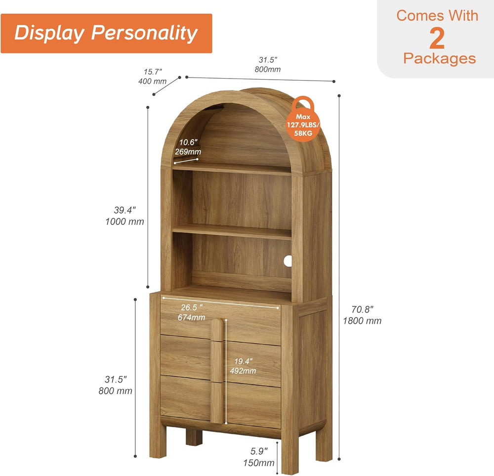 WAMPAT 71" Tall Arched Kitchen Pantry Cabinet with 3 Drawers,5 Tiers Mod...
