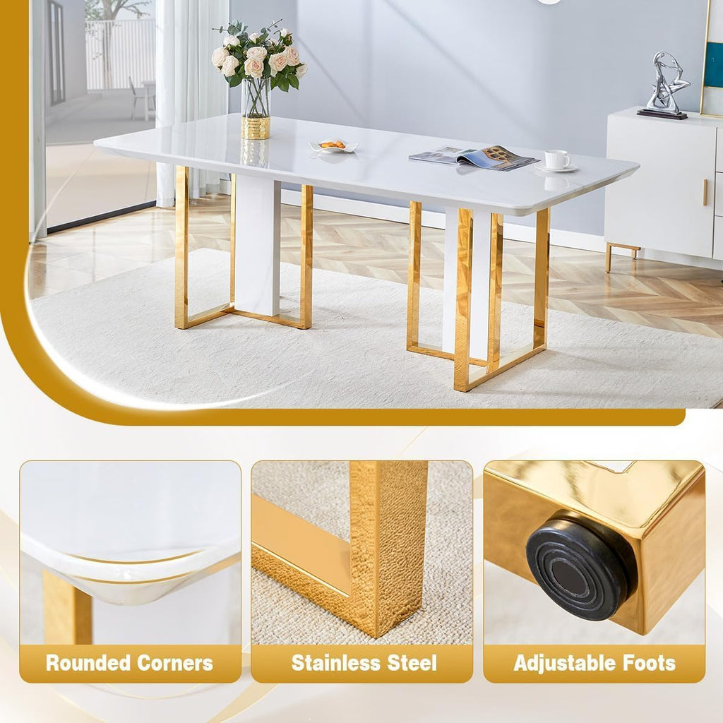 63" Dining Table,White Gloss Kitchen Table,1.8" Thick MDF Board Table Top Coated by Faux Marble Pattern with Chrome Plate Gold Base,Modern Dining Table for 6-8 People