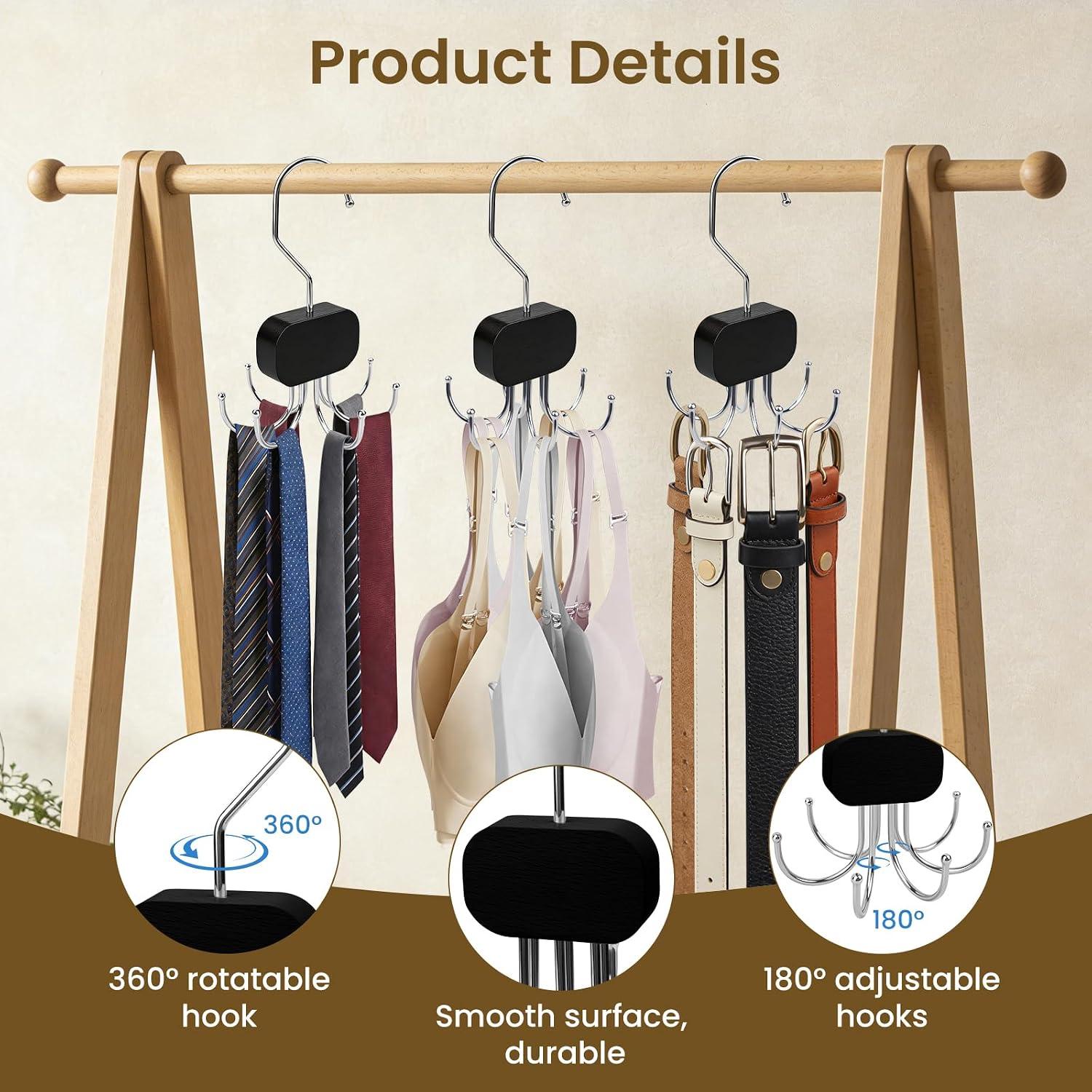 3 Pack Tank Top Hanger, Rotatable Bra Organzier for Closet, Bra Hanger for Closet Organizer, 360° Rotating & Foldable, Metal and Wood, Space-Saving Belt Hangers for Tank Tops, Belt, Tie (Black)
