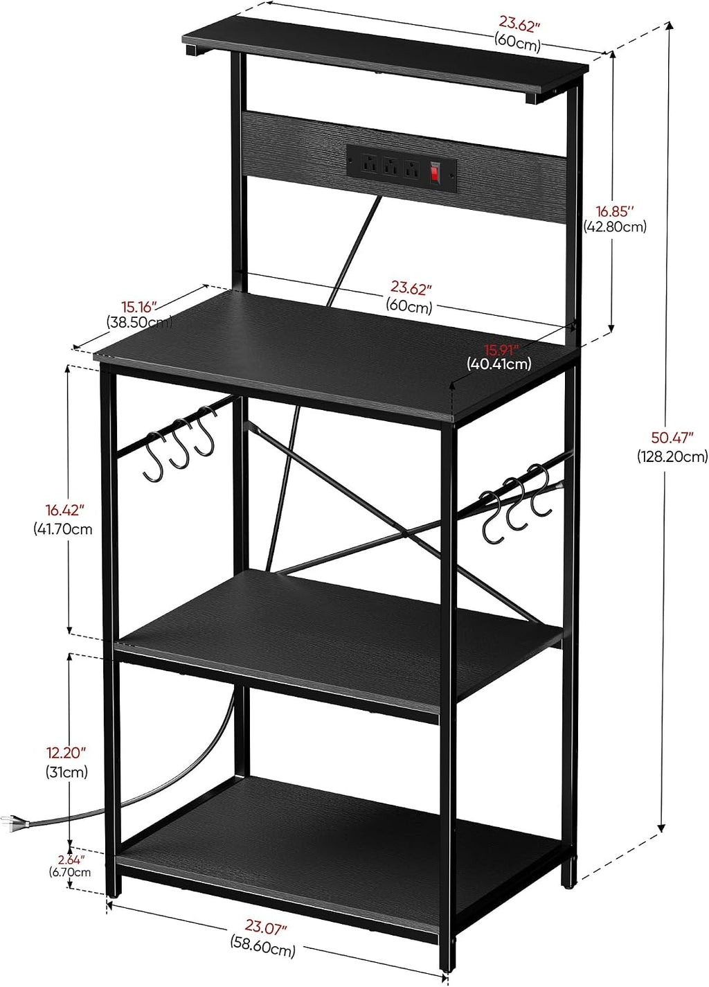 VUSIGN Kitchen Bakers Rack with Power Outlet, 4 Tiers Microwave Stand with Storage, 23.6 Inch Coffee Bar Station with 6 S Hooks, Adjustable Shelf Rack for Pots/Pans/Spices, Black