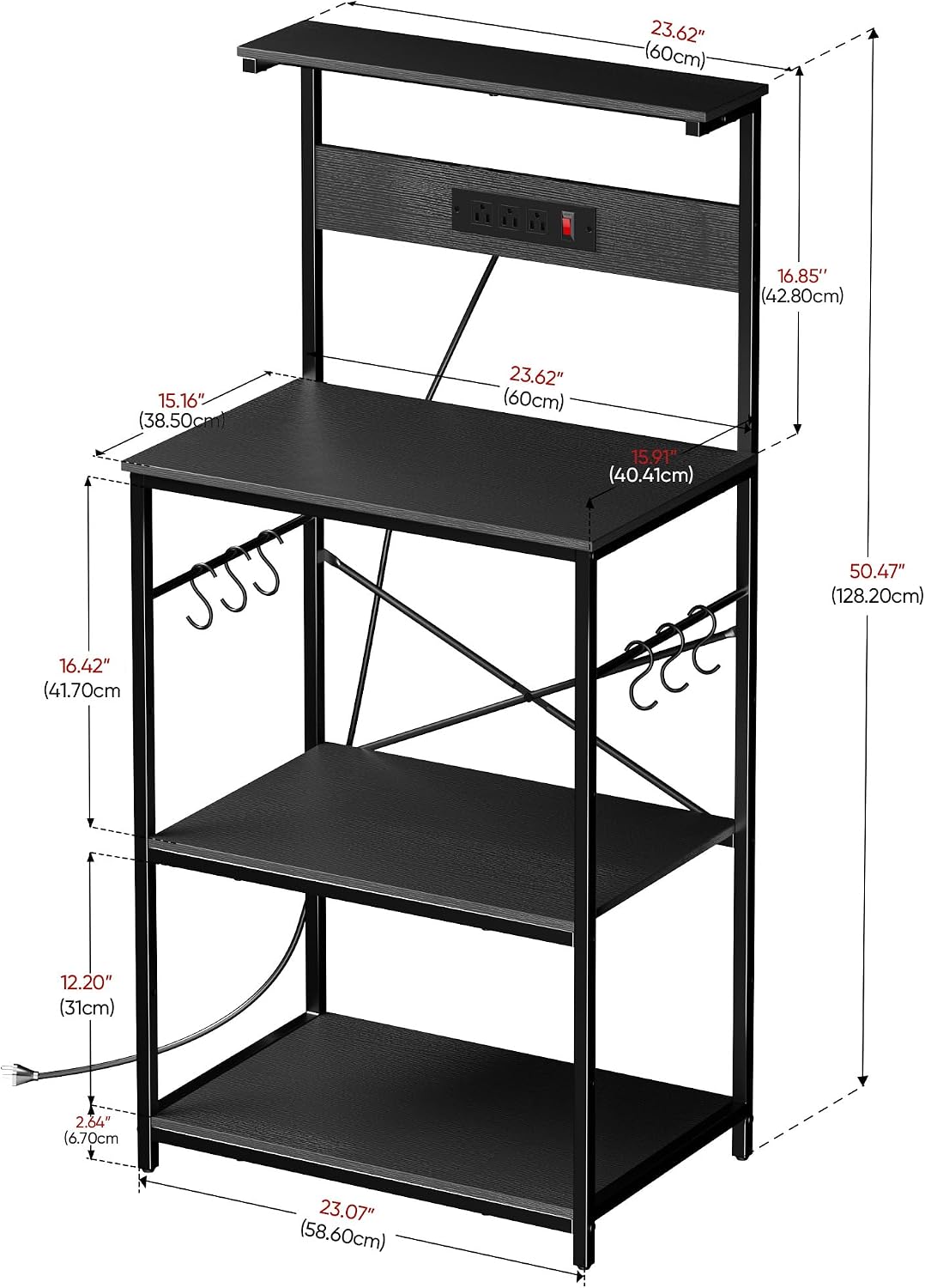 VUSIGN Kitchen Bakers Rack with Power Outlet, 4 Tiers Microwave Stand with Storage, 23.6 Inch Coffee Bar Station with 6 S Hooks, Adjustable Shelf Rack for Pots/Pans/Spices, Black