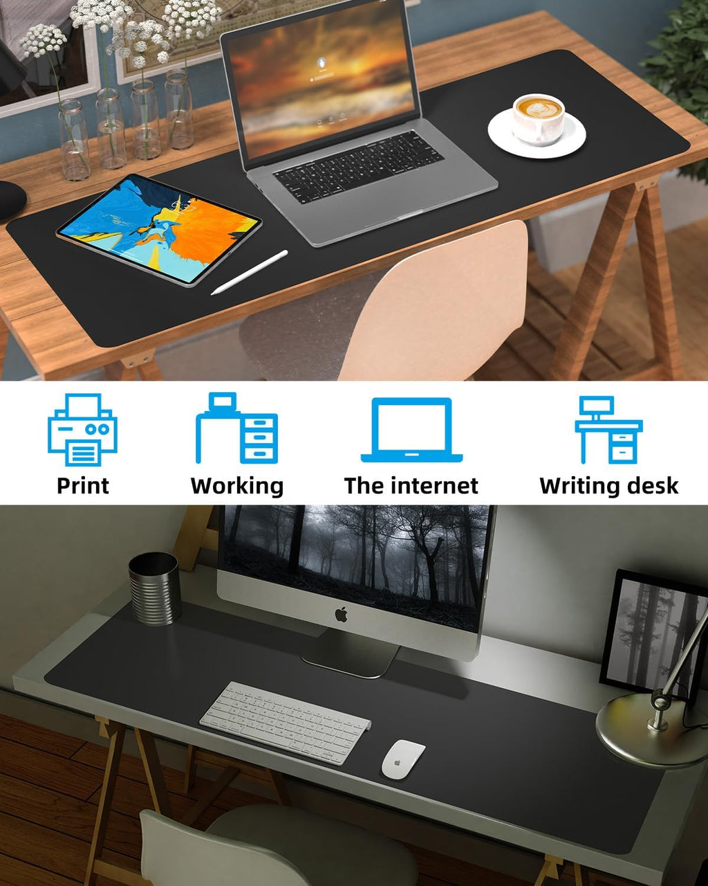 Leather Desk Pad Protector, Office Desk Mat, Large Mouse Pad, Non-Slip PU Leather Desk Blotter, Laptop Desk Pad Desk Accessories for Office and Home (Black, 40" x 17")