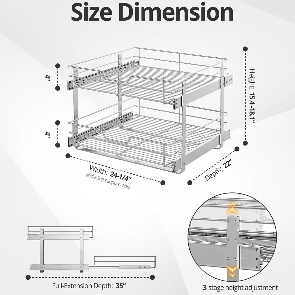ZOINLIY Pull Out Cabinet Organizer,Slide Out Kitchen Organizers and Storage | Heavy Duty Drawer Cupboard Storage Basket, Smooth Sliding, Chrome Finish