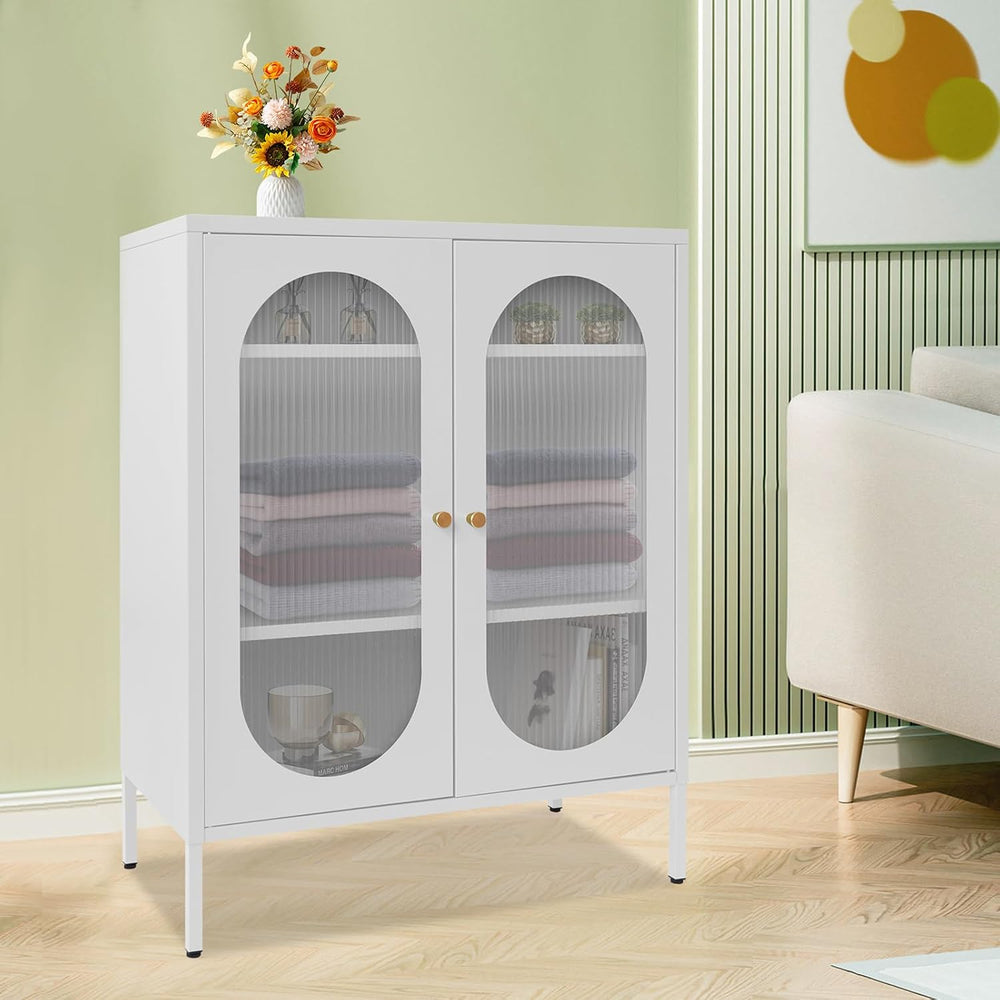 Accent Cabinet with Glass Doors – 3 Tier Storage, Modern Coffee Bar Station P...
