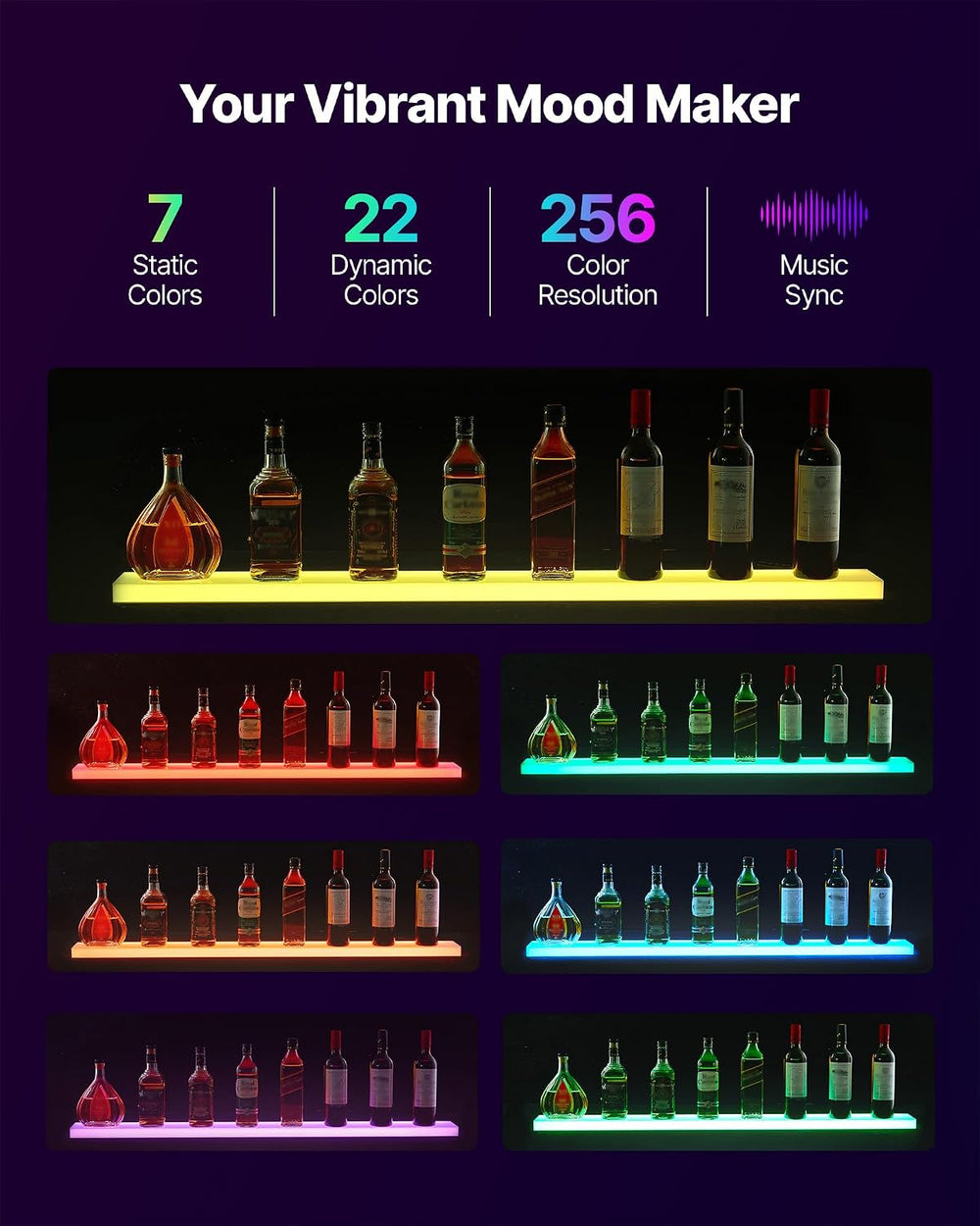 VEVOR LED Lighted Liquor Bottle Display, 1 Tier 48 Inches Whiskey Rack, Suppo...