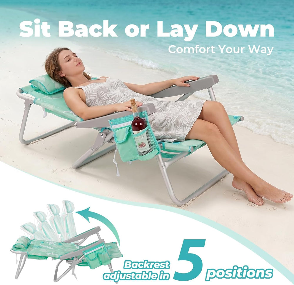Low Beach Chairs for Adults - 5-Position Lay-Flat Backpack Chair with Large I...