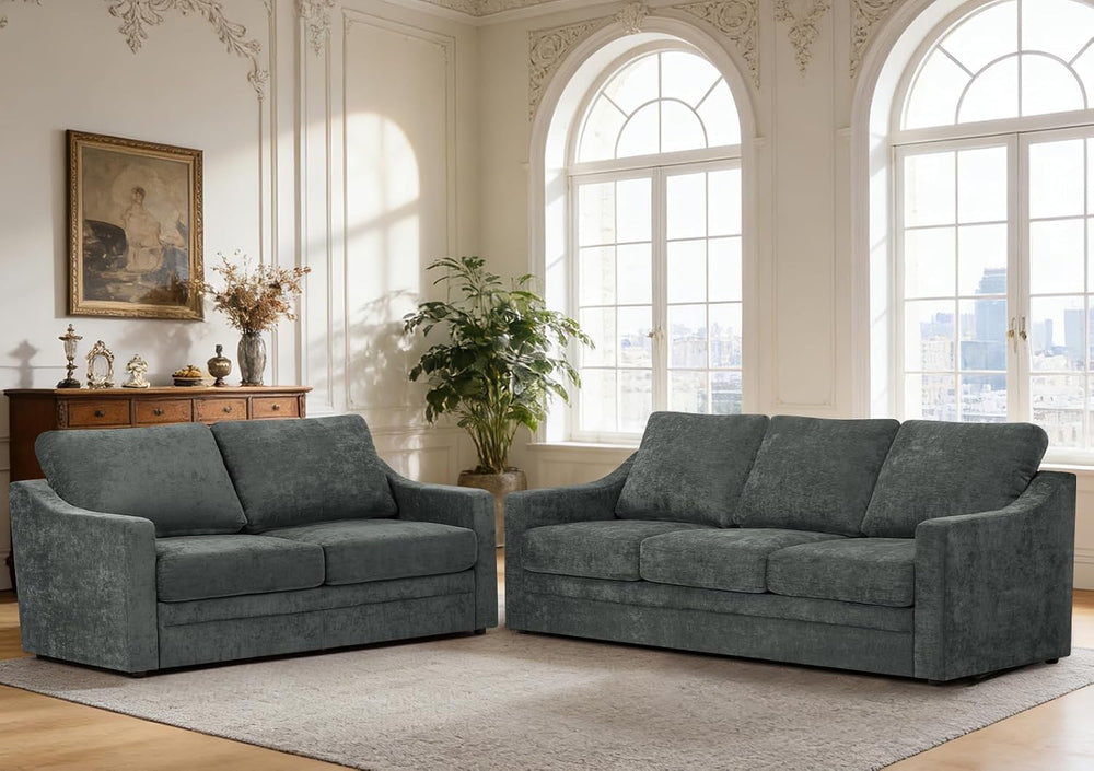 2 Pieces Chenille Sofa Set w/Soft Back Cushion, Grey | Modern 2 Seat & 3 ...