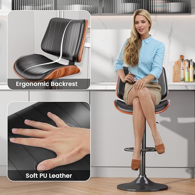 Swivel Bar Stools Set of 4, Adjustable Bentwood Barstools for Kitchen Counter, Modern PU Leather Upholstered Bar Chair with Back and Footrest, for Kitchen Island, Bar, Dining Room, Black