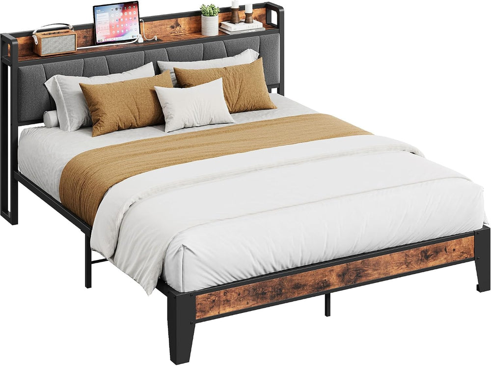 LIKIMIO Queen Size Bed Frame with Storage Headboard and Charging Station