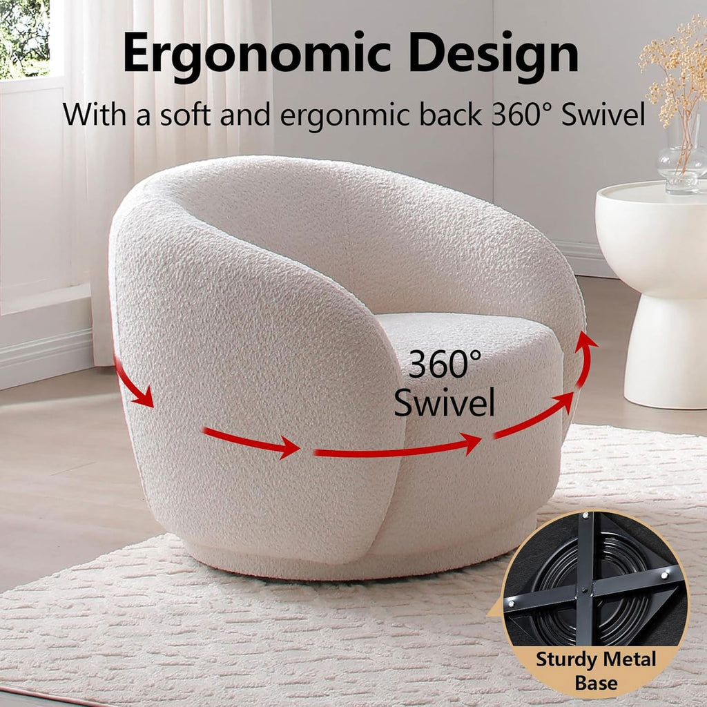 Set of 2 Swivel Barrel Accent Chairs, White Boucle Chairs | 33.07" 360° modern upholstered armchairs with thick cushions and round reading chair style for living rooms and bedrooms.