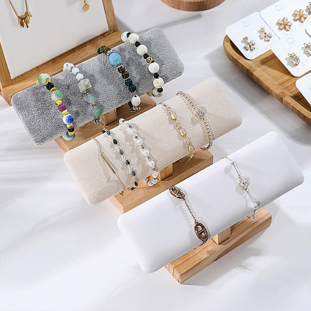 Wooden Watches Display Tower Base Watch Neck Bracelet Organizer Rack Bangle Scrunchie Headband Showcase Tower Beige Suede