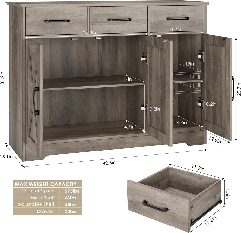 HOSTACK Kitchen Buffet Cabinet with Storage, Sideboard Coffee Bar, Grey
