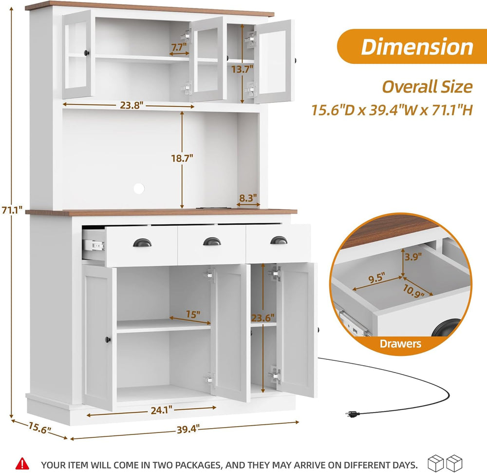71" Kitchen Hutch with Charging Station, Tall Pantry Storage Cabinet wit...