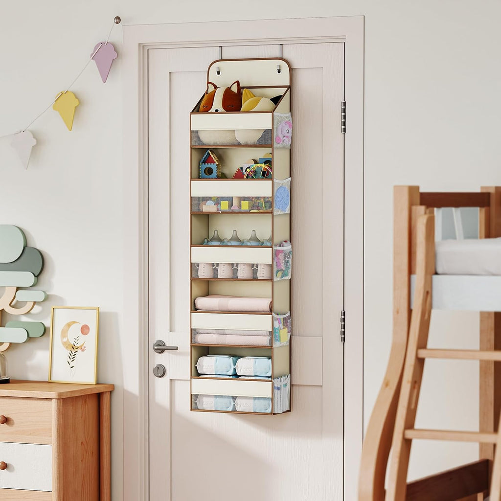 LAMU 5 Tier Over the Door Organizer Hanging, Swing - Proof Closet Behind Door Storage with 5 Large Pocket and 10 Side Pockets, Back of Door Organizers for Bedroom, Nursery and Bathroom (1 Pack, Beige)