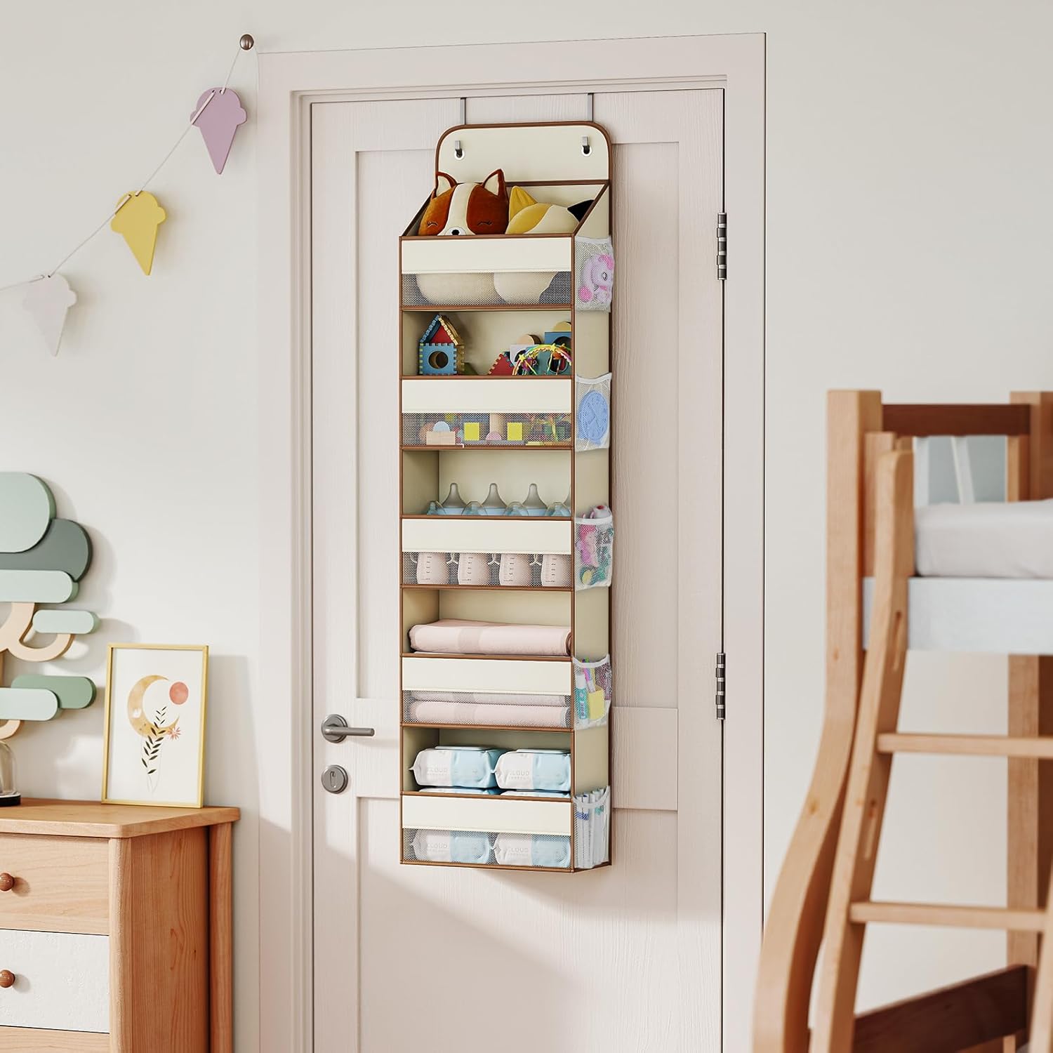 LAMU 5 Tier Over the Door Organizer Hanging, Swing - Proof Closet Behind Door Storage with 5 Large Pocket and 10 Side Pockets, Back of Door Organizers for Bedroom, Nursery and Bathroom (1 Pack, Beige)