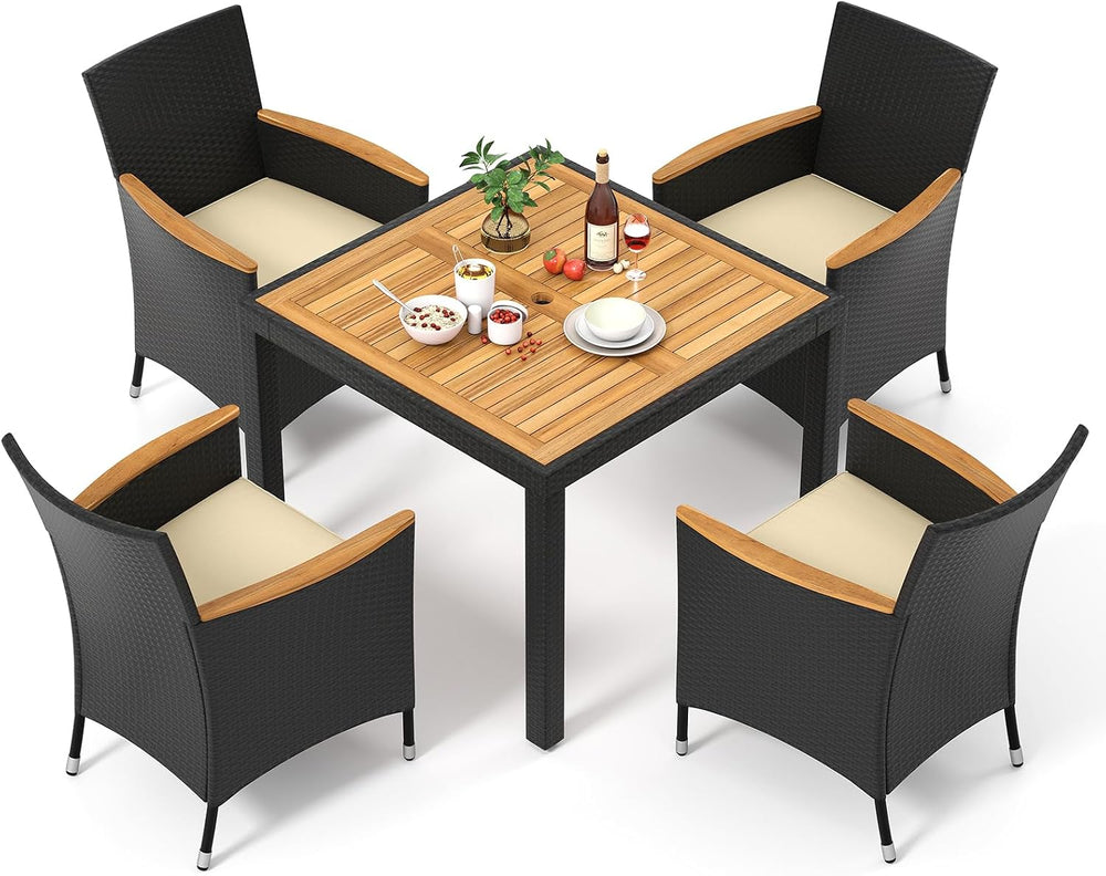 Tangkula 5 Pieces Rattan Outdoor Dining Set for 4, Outdoor Acacia Wood Table ...
