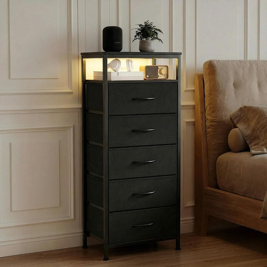 Sweetcrispy Nightstand with Charging Station 5 Fabric Drawers Bedside Table | Night Stand with USB Type-C Ports, AC Outlets & Dimmable LED Light Strip, Modern Black Bedroom End Table