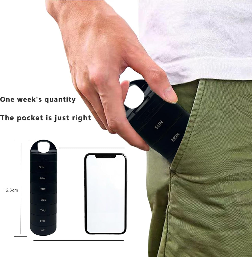 Black Plastic Weekly Pill Organizer - Smart Medicine Pill Organizer Travel - Waterproof, BPA-Free 7 Day Medicine Container - Pill Holder for Vitamins & Medications