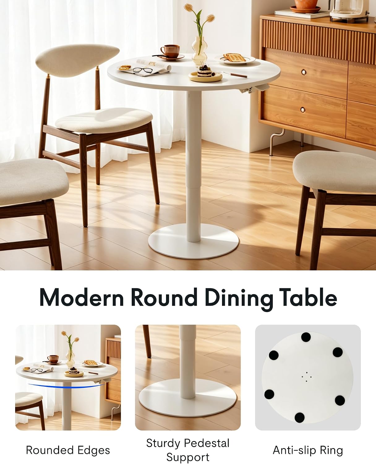 FLEXISPOT 28" Adjustable Height Round Dining Bar Table, Gas Spring Lift | 27.56" Round table with modern design.Kitchen table for dining,sofa side and party use.25.8"–40.8"Adjustable Height,White