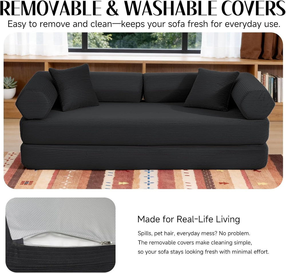 79" Corduroy Sofa Bed, Couch in a Box with 2 Pillows, High-Density Foam ...