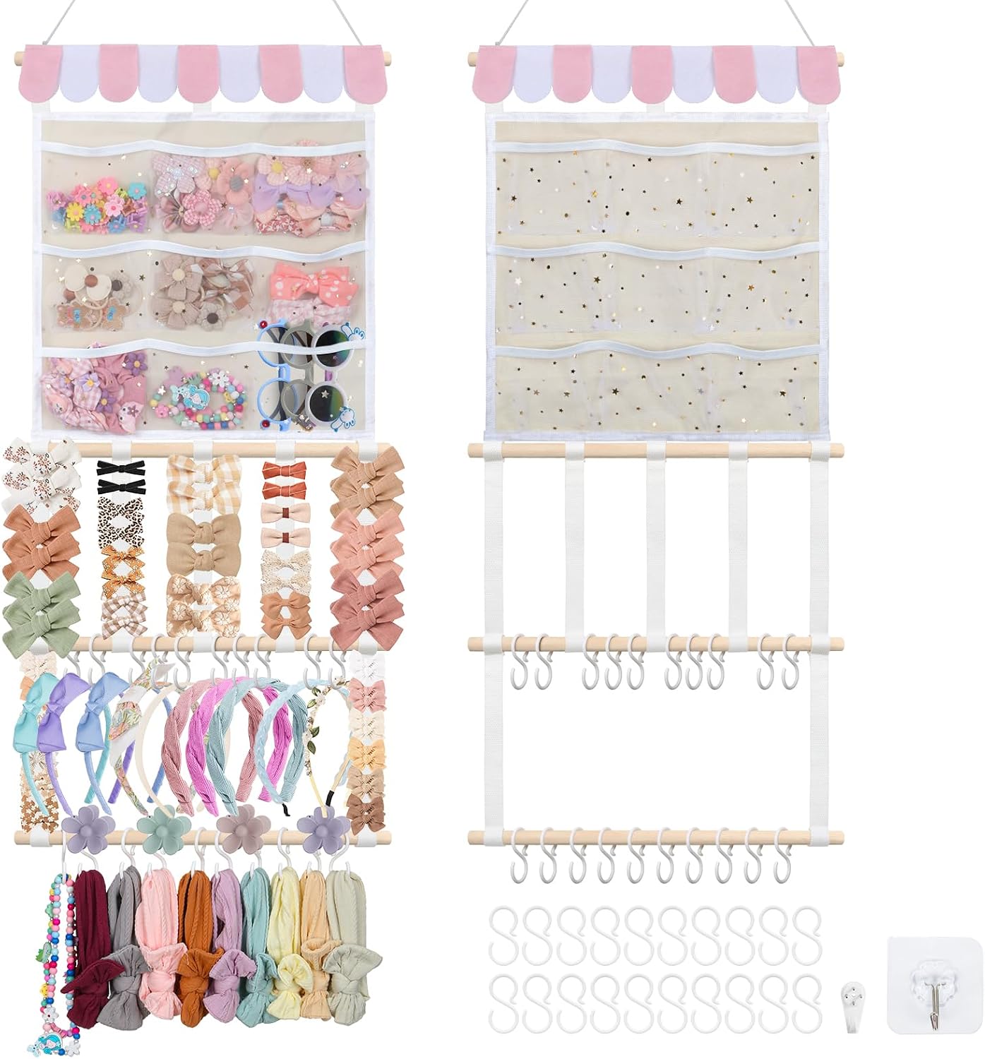New Upgraded Bow Organizer for Girls, Headband Holder w/ 9 Mesh Pockets,Hair Bow Holder Clip Organizer, Wall Hair Accessories Organizer for Baby Girl Nursery Decor(32x15inch,Beige Pink)