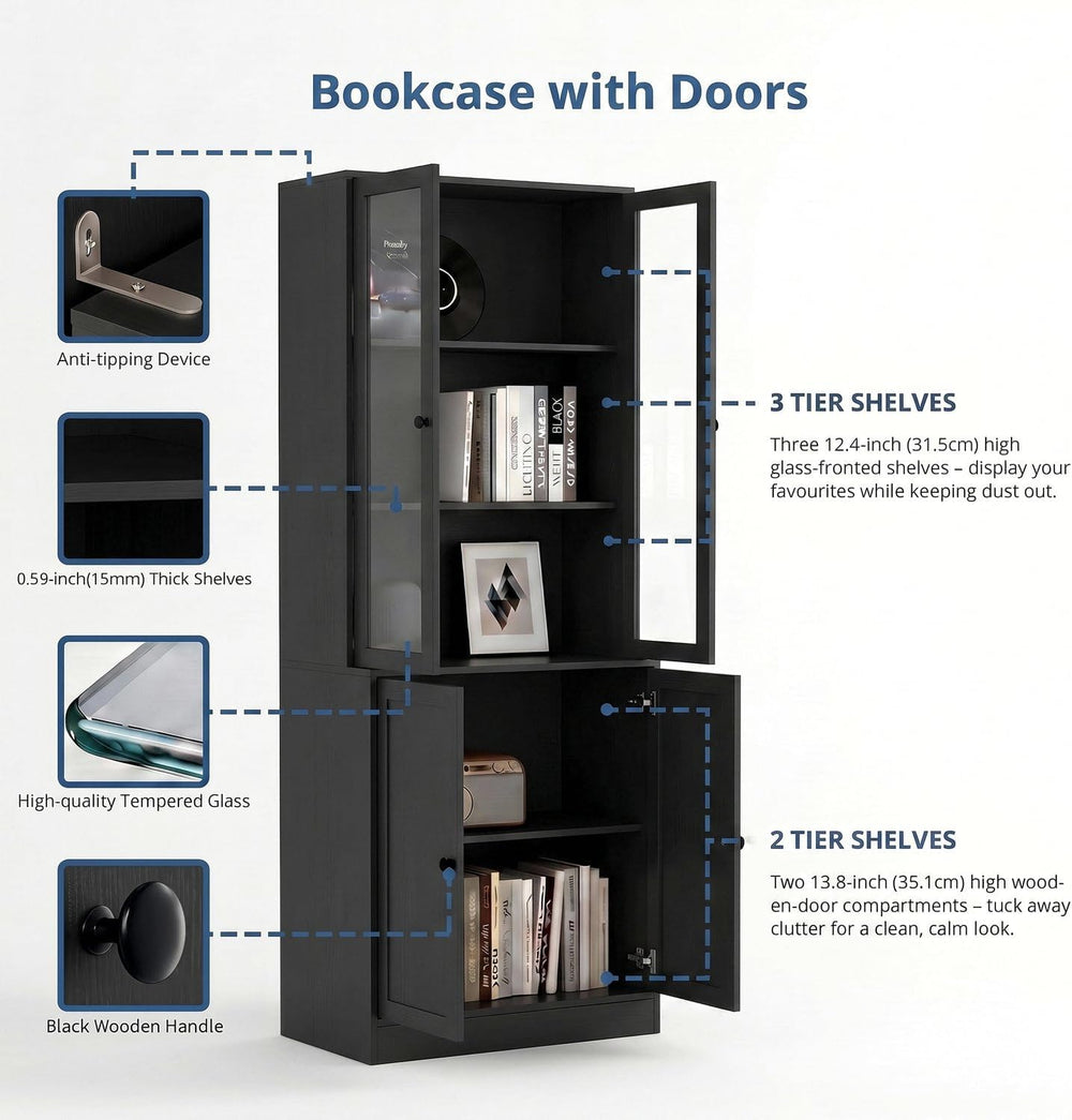 TUSY 71" H Bookshelf with Storage, 6-Tier Modern Bookshelves with 3 Larg...
