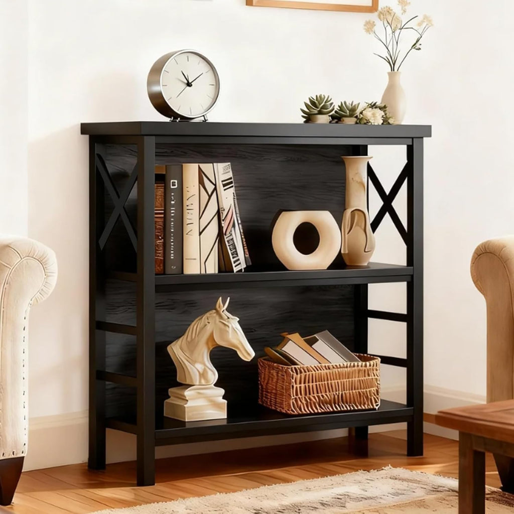MNEETRUNG Small Bookshelf,3 Tier Industrial Bookcase with Metal Frame and Backboard,Low Black Book Shelf,Book case for Small Spaces,Living Room,Bedroom and Home Office