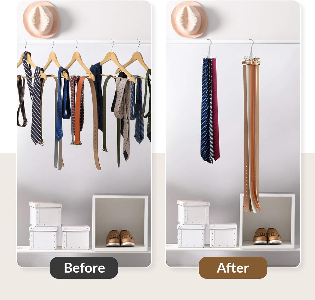 ZEDODIER Tie Hanger for Closet, Rotatable Tie Organizer for Men with 8 Hooks, Heavy Duty Space Saving Tie Rack for Ties and Belts, Silver