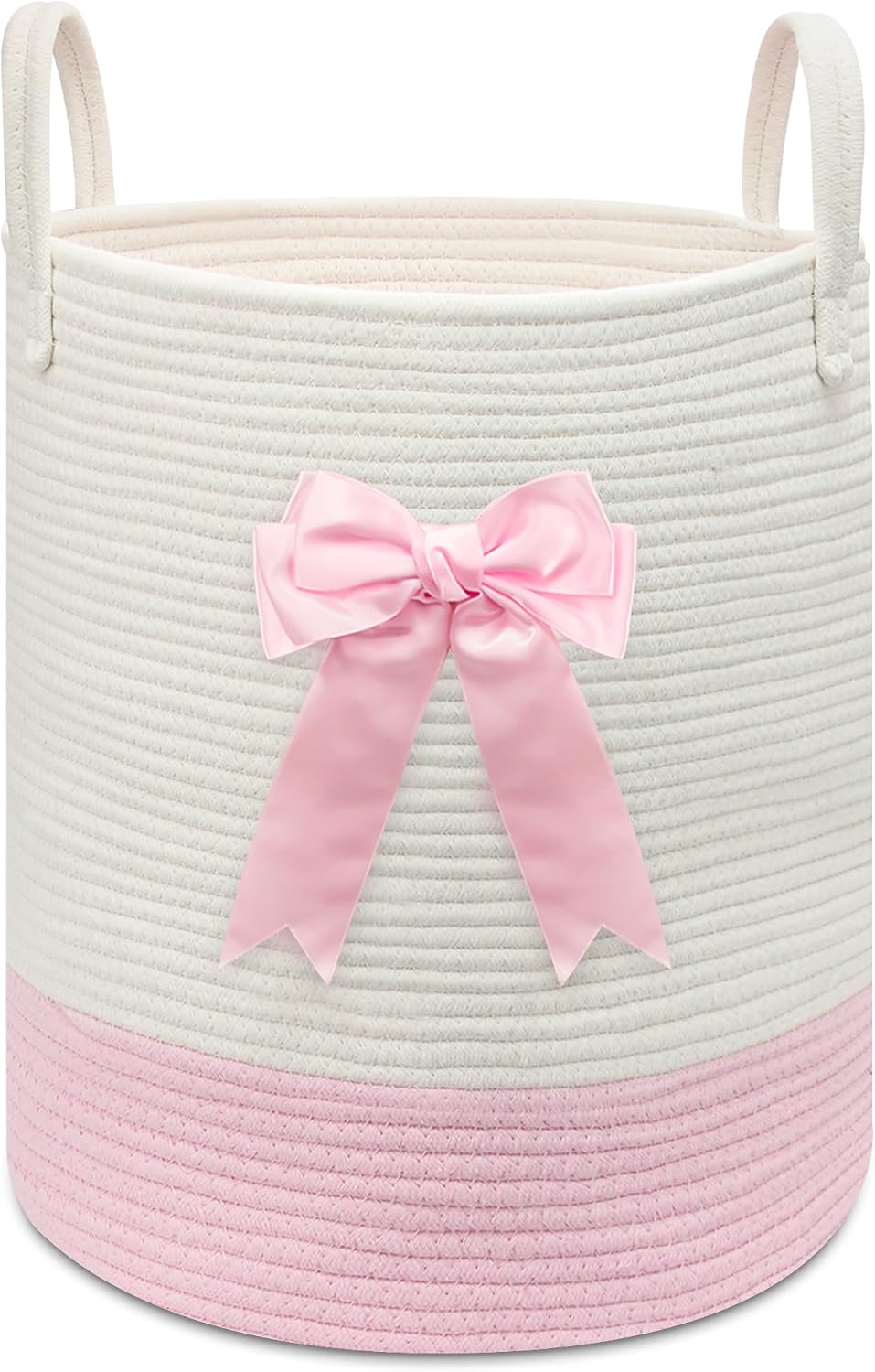 Pink Laundry Hamper with Bow, Tall Storage Basket for Nursery | Woven Cotton Rope Blanket and Toy Basket, 15x17.7in, Living Room Nursery & Bedroom, Clothes Storage Pink Bow