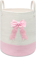 Pink Laundry Hamper with Bow, Tall Storage Basket for Nursery | Woven Cotton Rope Blanket and Toy Basket, 15x17.7in, Living Room Nursery & Bedroom, Clothes Storage Pink Bow