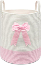 Pink Laundry Hamper with Bow, Tall Storage Basket for Nursery | Woven Cotton Rope Blanket and Toy Basket, 15x17.7in, Living Room Nursery & Bedroom, Clothes Storage Pink Bow