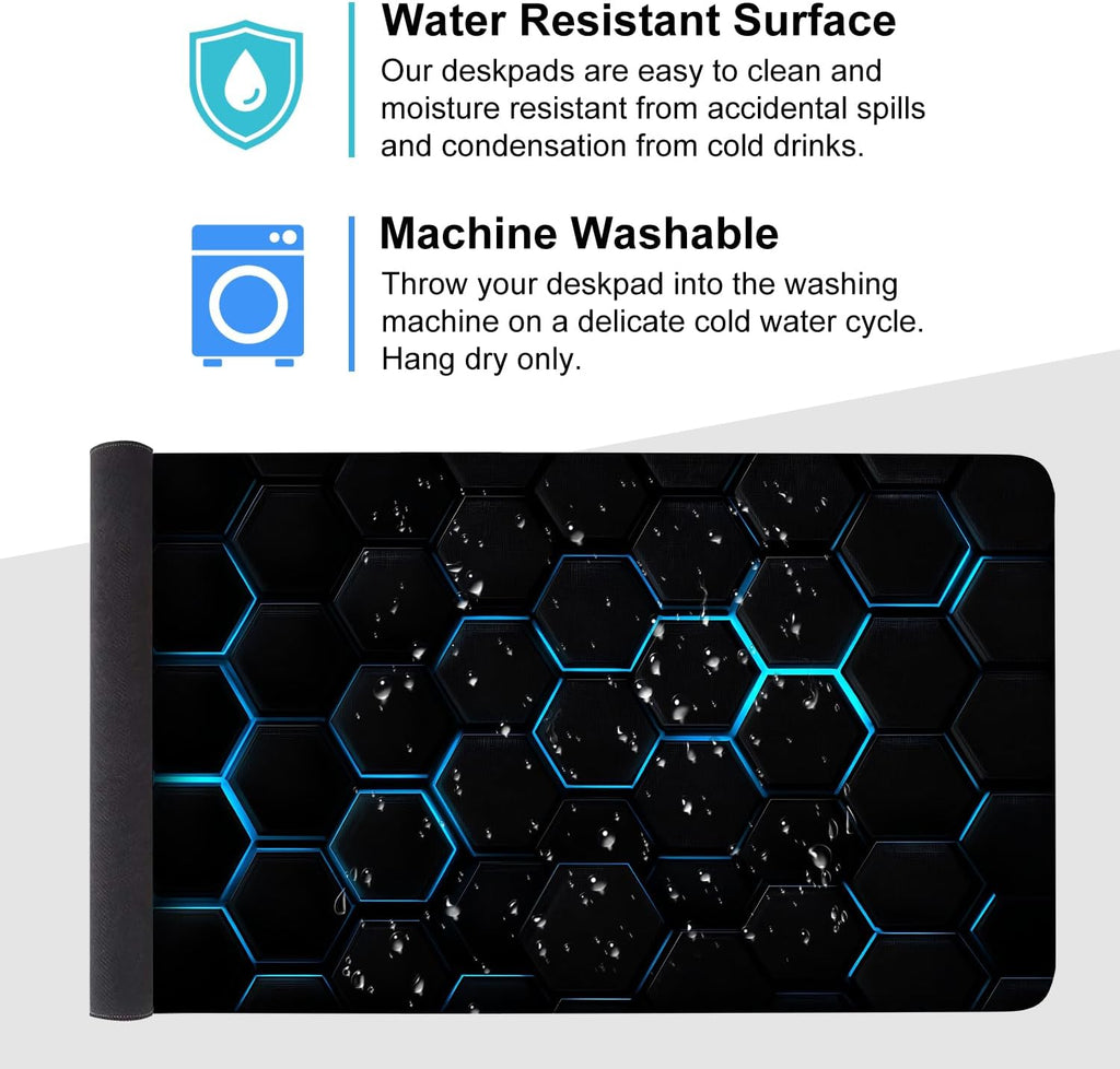 Gaming Mouse Pad – Large Extended Desk Mat35.43 x 15.75 in – Futuristic Black Honeycomb Design with Blue Glow, Non-Slip Base, Waterproof Surface, Keyboard & Mouse Pad for Gaming or Office