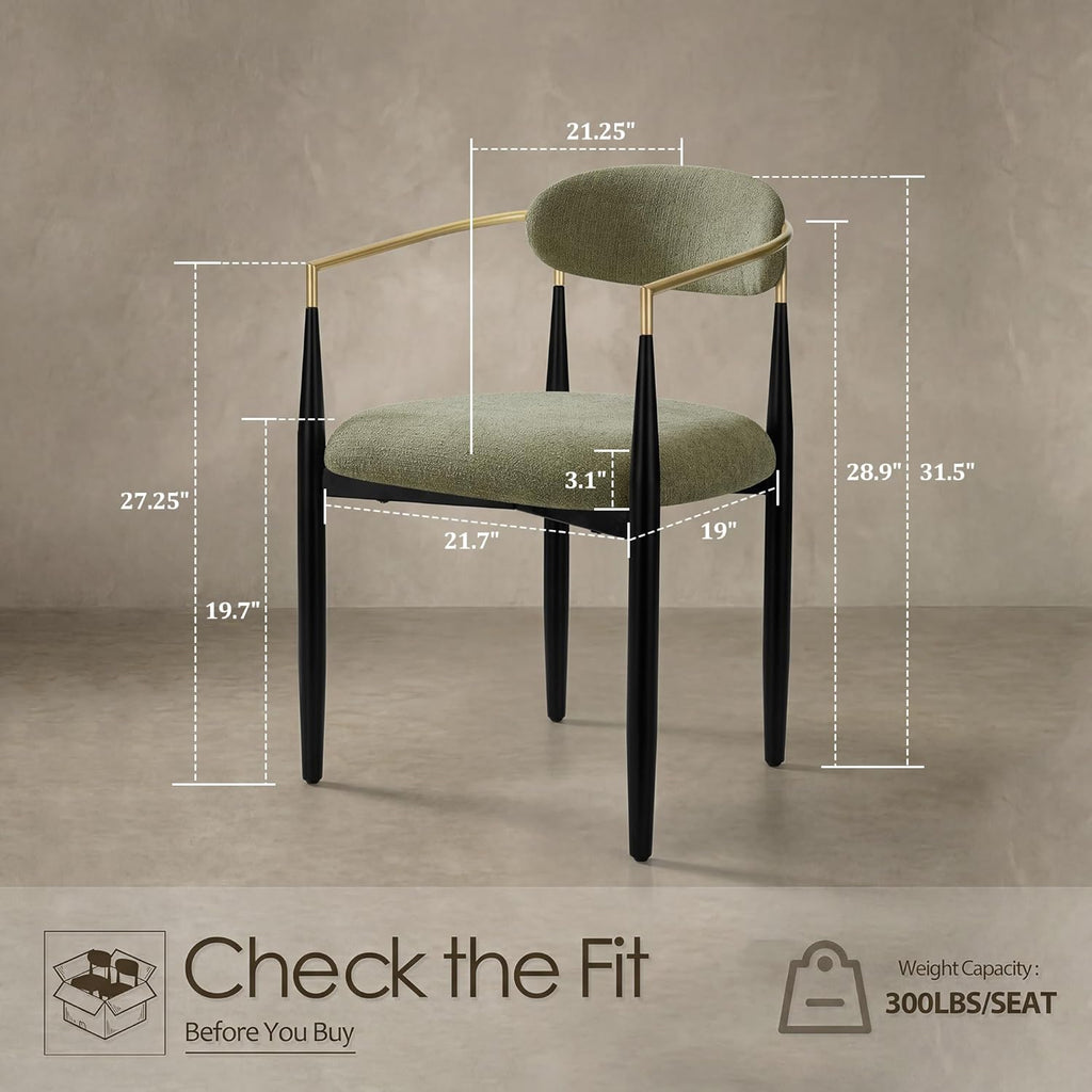Morden Fort Set of 2 Chenille Upholstered Dining Chairs with Arms,Black Metal Frame with Gold Accent,Padded Kitchen,Green