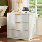 LEYAOYAO 23" Wide Fluted Farmhouse Night Stand Set of 2 with Charging Station, 3 Drawers Large End Table w/Metal Handle,White Nightstand Bedside Table,Wood Dresser for Bedroom, Closet