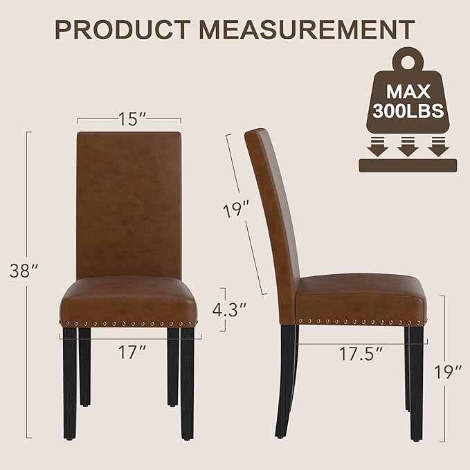 LSSBOUGHT Dining Chairs Set of 6, Modern Dining Room Chair,Upholstered Pu Leather Kitchen Chair with Vintage Copper Nail for Restaurant & Cafe(Brown,6pcs)
