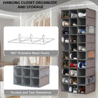 30 Section Hanging Shoe Organizer with Side Pockets, Grey | Hanging Closet Organizer and Storage for Wardrobe, Dorm, Bedroom, Space Saving Foldable Clothes Shelf with Sturdy Hooks