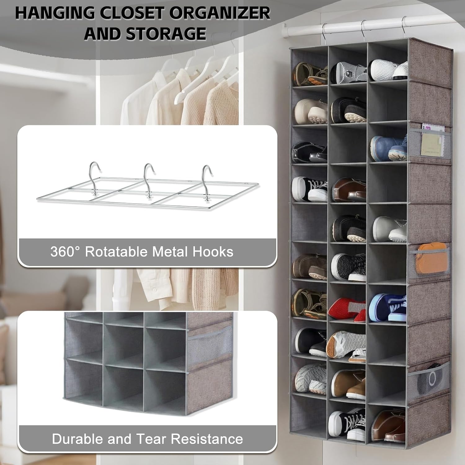 30 Section Hanging Shoe Organizer with Side Pockets, Grey | Hanging Closet Organizer and Storage for Wardrobe, Dorm, Bedroom, Space Saving Foldable Clothes Shelf with Sturdy Hooks