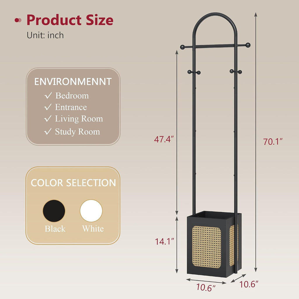 Tajsoon Coat Rack Stand with Wooden Base, Coat Tree Rattan Design, Coat Hanger Stand with 6 Hooks, Small Clothes Rack for Living Room, Bedroom, Office, Black