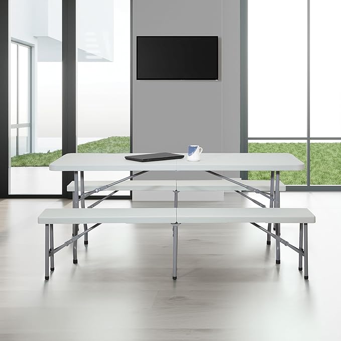 Office Star Resin Furniture for Indoor or Outdoor Use, 3-Piece Set, 2 Folding Benches and 6 Foot Table