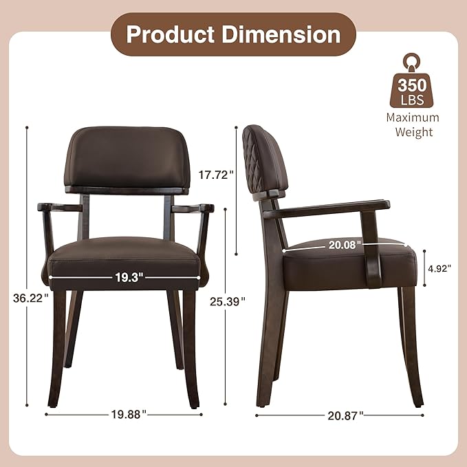 PU Leather Dining Chairs with Arms Set of 2, Upholstered Dining Room Chairs with Hardwood Legs & Open Curved Backrest,Modern Accent Kitchen Chairs 350 LBS Capacity, Brown
