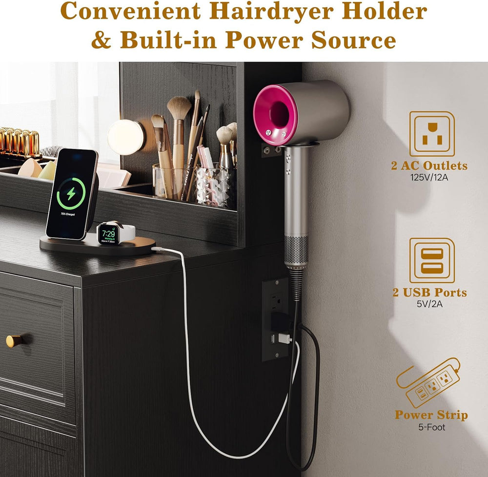 Large Makeup Vanity Desk with Mirror and Lights & Charging Station, Black...