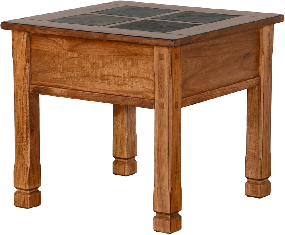 Benzara Marv Side End Table w Drawer- 26 Inch Square Slate Inlay Top- Brown