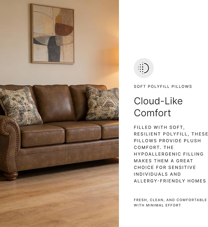 Signature Design by Ashley Shadsburne Rustic Faux Leather Sofa with Nailhead Trim and 2 Throw Pillows, Brown