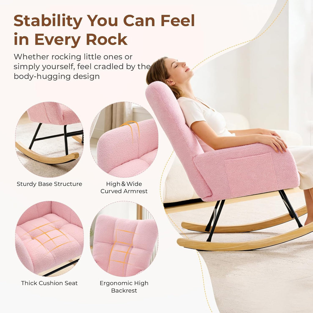 DUMOS Nursery Rocking Chair Teddy Upholstered, Comfy Glider Rocker with High Backrest Armchair Padded Seat, Accent Side Chair for Living Room Bedroom Offices Small Spaces Indoor, Pink