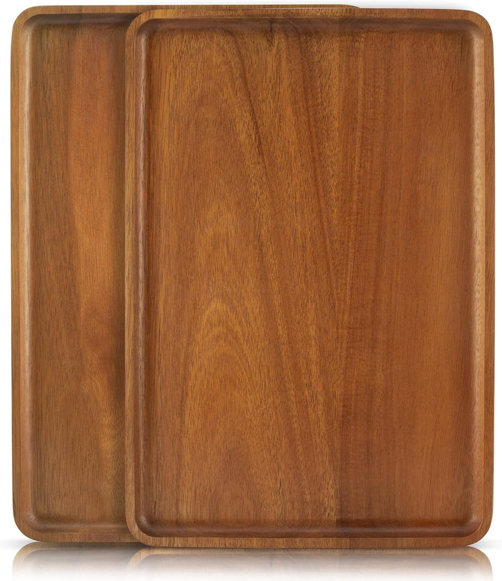 2 PCS 13 x 9 in Solid Acacia Wood Serving Trays Rectangular Wooden Serving Pl...