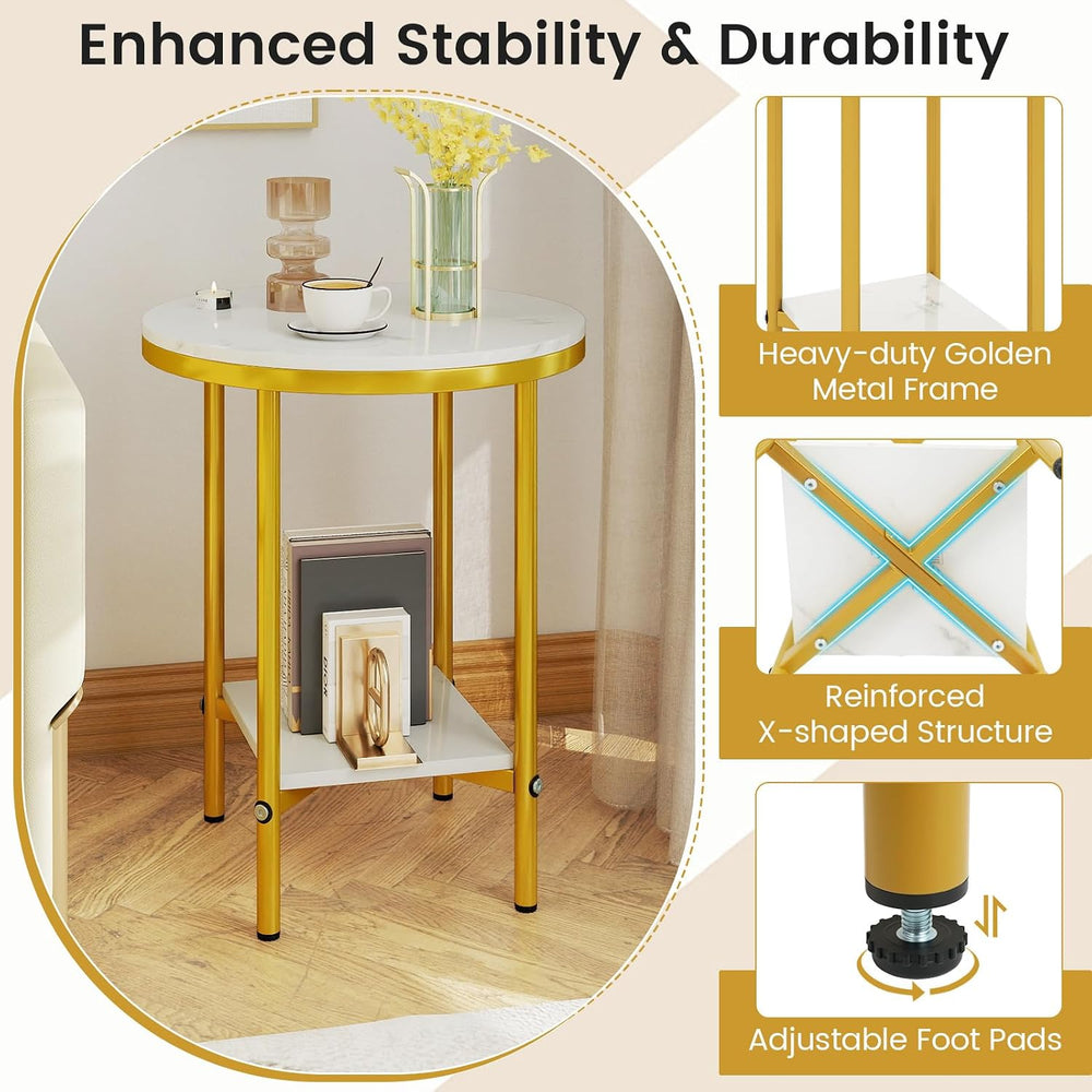 Giantex Round Side Table Set of 2, 2-Tier Faux Marble Bedside Night Stand w/M...