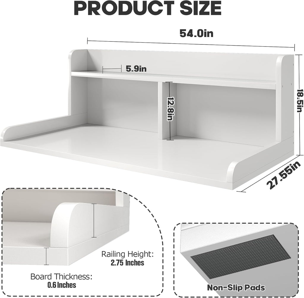 2-Tier Washer Dryer Countertop, 18.5" Raised Height Laundry Countertop with Edge Rails and Non-Slip Pad, 54"W x 27.55"D Washer and Dryer Topper for Laundry Room Storage Organization (White)
