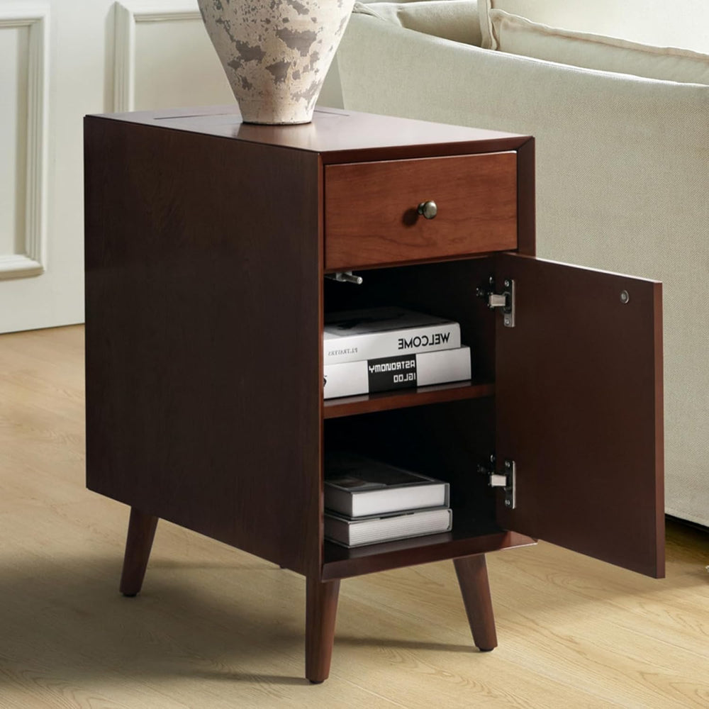 Mid Century Modern End Table with Charging Station, Wooden Side Table with US...