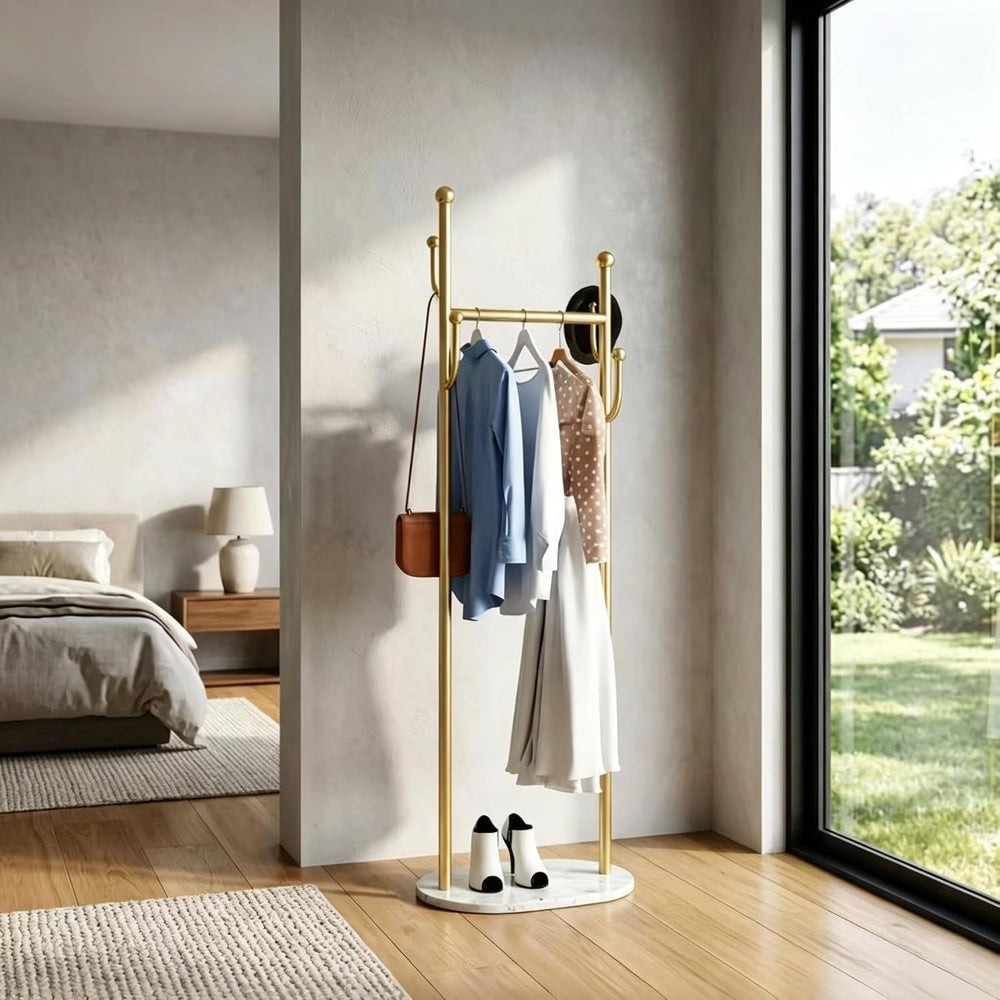 Gold Metal Clothes Rack Heavy Duty Freestanding Coat Rack with White Marble L...