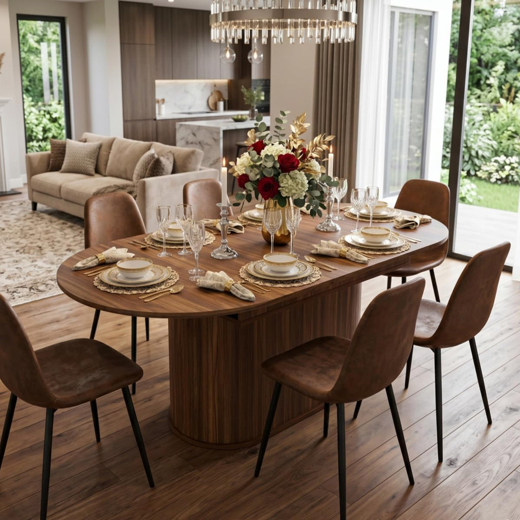 55"-71" Extendable Dining Table Set for 6, Oval Dining Room Table Set for 6, Modern Wood Kitchen Table Upholstered Chairs Set of 6, Ideal for Dining Room,Office, Space-Saving